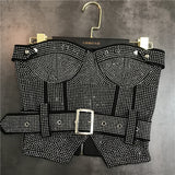 Purpdrank - Sleeveless Strapless Rhinestone Diamonds Black Slim Tank Top Vest Short Bodycon Skirt Belt Two Piece Set Outfits