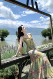 Purpdrank  Women Summer Holiday Beach Long Dress Vintage Printed Floral Sexy Bodycon Dress Strapless V-neck Elagant Lace-up Party Dress