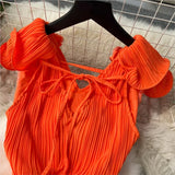 Purpdrank  Summer Design Dresses Solid Color V Neck Puff Sleeve Ruffles Lace Up Pleated Dress Female Slim Fashion Elegant Women's Clothing