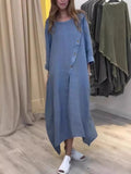 Purpdrank  Summer Fashion New Women's Elegant Loose Cotton Hemp Dress Round Neck Solid Color Half Sleeve Long Dress
