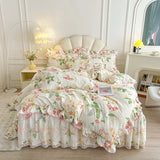 Purpdrank  100% Cotton Vintage Pastoral Style Rose Flowers Print Ruffles Bedding Set Duvet Cover Set Bow Lace Quilted Bed Skirt Pillowcases