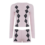 Purpdrank  Fashion Argyle Print Matching Set Women's Zip-up Front V-Neck Long Sleeve T Shirt&Shorts 2 Piece Outfit Casual Lounge Wear