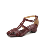 Purpdrank   New Summer Women Sandals Genuine Leather Women Shoes Square Toe Low Heel Shoes Narrow Band Cover Toe Modern Sandals
