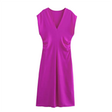 Purpdrank  autumn new women's fashionable temperament slim fit casual solid color V-neck sleeveless waist pleated dress