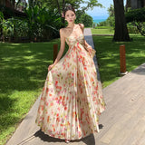 Purpdrank  New Floral Waist-Cinching Slimming 7m Pleated Long Halter Dress for Women