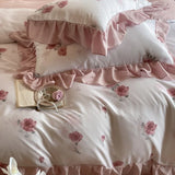 Purpdrank  4Pcs Lyocell Soft Silky Cooling Summer Bedding Set Rose Floral Prints Ruffles Duvet Cover Set Bed Sheet/Fitted Sheet Pillowcases