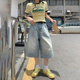 Purpdrank  Vintage High Waist Loose Wide Leg Jeans with Ripped Holes Retro American Style Loose Straight Denim Capri Pants for Women