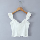 Purpdrank  White Spliced Mesh Lace Sexy Corset Women Summer Tank Tops Wood ears V neck Front Buttons Slim Through Buttons Crop Top