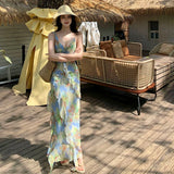 Purpdrank  Real Shot Tea Break French Style Floral Strap Dress Summer New V-neck Backless Waist-cinching Long Dress