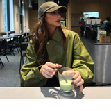 Purpdrank  Fashion Green Leather PU Jacket Women Loose Laple Zipper Long Sleeve Single Breasted Pocket Coat 2025 Autumn New Lady Streetwear