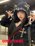 Purpdrank Vintage Fashion Fake Two Piece Leopard Print Hooded Jackets+ Y2k High Waist Bodycon Skirts 2025 Autumn New Black Sets