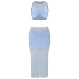 Purpdrank  Summer New Solid Color Sleeveless Mesh Splicing Short Tank Top High Waist Long Dress Women's Set