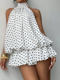 Purpdrank  Sweet Polka Dot Print Halter Mini Dress for Women Summer Trend Sleeveless Backless Ruffle Hem Holiday Party Short Dress