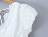 Purpdrank  Sweet White Embroidery Hollow Out Flower Cotton Lace V neck Short Puff Sleeve Shirt Women Zipper Elastic Back Slim Crop Tops
