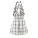 Purpdrank  Sexy Front Open Buttons Plaid Spliced Lace Tie Bow Halter V Collar Mini Dress Women No Back Backless A-line Short Dresses Robe