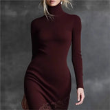 Purpdrank  Vintage Knit Lace Dress Women High Neck Long Sleeve Maxi Dress Spring Autumn Elegant Evening Party Dresses