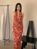 Purpdrank  Ladies Floral Printed Vintage Cowl Neck Maxi Dress Backless Slim Fit Long Red Vestidos Robe Female Elegant Party Clothing Summer