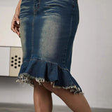 Purpdrank  Denim Skirt High-waisted Ruffles Spice Girls Women's High Stretch Fishtail Skirt Hip Wrap High Waist Vintage Denim Half Skirt