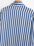 Purpdrank  CHIC Autumn Lapel Blue White Striped Print Bright Satin Shirt Women Single-Breasted Buttons Full Sleeve Loose Blouses Tops