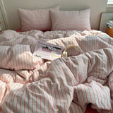 Purpdrank  Aimple Stripe Bedding Set With Pillowcase Bed Sheet Single Full Size Bed Washed Cotton Duvet Cover Set King Double Single Bed