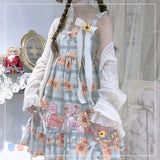 Purpdrank  Japanese Harajuku High Street All Macth Casual Sling Dresses Fashion Sweet Flower Print Plaid A-line Puffly Clothes Summer Dress