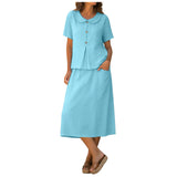 Purpdrank  Women Summer Skirts Two Piece Set Peter Pan Collar Short Sleeve Top And Midi Skirt With Pockets Cotton Linen Matching Sets