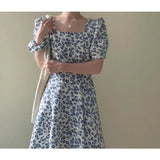 Purpdrank  French Print Dress Women's Summer Waist Square Neck Dress