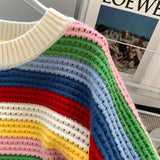 Purpdrank  Chic Rainbow Stripe Colourful Tassel Sweater Outer Wear Women Autumn Winter Y2k Loose Lazy Design Knit Top Pullover Fairy Grunge