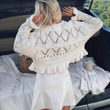 Purpdrank  White Crochet Hollow Knit Sweater round Neck Long Sleeve European American Style Fashion Top with Short Ruffle Hem