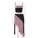 Purpdrank  Sexy&Cute Lace Patchwork Contrasting Bowknot V-neck Camisole+Irregular Split Half Skirt Floral Slim Party Holiday Lady Sets