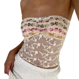 Purpdrank  Women's Sweet Sexy Short Tube Top Sleeveless Off Shoulder Floral Embroidery See-through Casual Party Summer Top