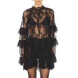 Purpdrank  Women Lace Sheer Dress Sexy See Through Mesh Long Sleeve High Neck Floral Cover Up Cocktail Party Mini Dresses