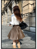 Purpdrank French PU Leather Pleated Skirt For Women Autumn New Elastic High Waisted A-Line Short Skirt
