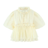 Purpdrank  Stylish Yellow Bow Wood ears O collar Short Lantern Sleeve Shirt Women 2 Layers Ruffles Hem Chiffon Crop Tops Blouse Femme