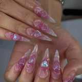 Purpdrank  24pcs 3D Blue Heart Press on Nails Medium Almond Fake Nails with Glue Full Cover Pink Gradient Y2k False Nails Sweet Cool Nail