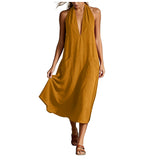 Purpdrank  Women's Halter Neck Deep V Maxi Dress Sleeveless Loose Flowy Long Dress With Pockets Casual Beach Cover Up Dress For Vacation