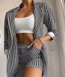 Purpdrank Women's Houndstooth Printed Long Sleeve Suit Coat & Shorts Set Temperament Commuting New Fashion Women Elegant Blazer Outfits