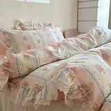 Purpdrank  Korean Princess Style Lace Ruffles Floral Bedding Set 100% Cotton Duvet Cover Bed Sheet/Fitted Sheet/Bed Skirt Pillowcases 3/4Pc