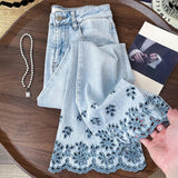 Purpdrank  Fashion Diamonds Rivet Jeans for Women Trendy Hollow Out Embroidery Flared Denim Pants Ankle-length Blue Jeans Slim Trousers