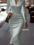 Purpdrank  Elegant Lapel V-neck Temperament Long Dress Fall Casual Long Sleeve Solid Party Dress Spring Fashion Hight Waist Slim Maix Dress