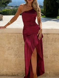 Purpdrank  Women's Elegant Burgundy Satin One Shoulder Bodycon Maxi Dress Ruched High Slit Formal Party Dress