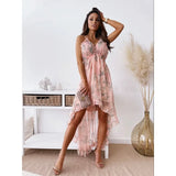 Purpdrank  Elegant Women Floral Print Corset Bohemian Dress Sexy Chiffon Loose Strap V Neck Halter Ruffle Vacation Beach Long Dress