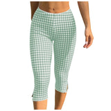 Purpdrank  Women Gingham Plaid Capri Leggings Lace Trim Waist Split Hem High Waist Slim Fit Casual Summer Pants Y2k Aesthetic Streetwear