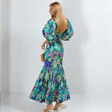Purpdrank  Summer Elegant Women Blue Flower Print Dress Lantern Sleeve And Ankle  Slim Bodycon O-neck Pastoral Style Party Dress
