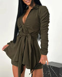 Purpdrank Women's Shorts Sets Daily Fashion 2 Piece Long Sleeve Button Down Ruched Tied Detail Shirt & Casual Shorts Outfits Mattching Set