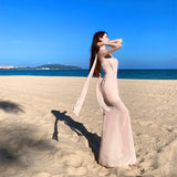 Purpdrank  Sheer Luck KiraSheer Mesh Ribbon Slim Fit Ruched Asymmetric Mermaid Long Dress