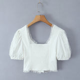 Purpdrank  Sexy Corset White Ruched Chest Spliced Lace V Collar Short Puff Sleeve Shirt Women Drawstring Tie Bow Center Buttons Crop Tops