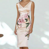 Purpdrank  New Office Elegant V Neck Women's Dress Spring Floral Print Slim Party Dresses Summer Sleeveless Back Zippers Holiday Dress