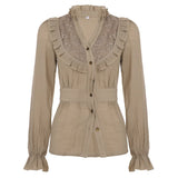 Purpdrank  Autumn French Retro Court Style Lace Patchwork Y2k Bandage V Neck Long Sleeve Slim Women Shirt