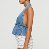 Purpdrank  Women's Y2K Summer Halter Neck Crop Tops Bow Tie-up Sleeveless Deep V-Neck Backless Solid Color Denim Flare Vest